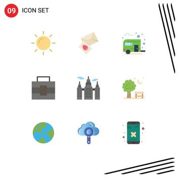 9 Thematic Vector Flat Colors and Editable Symbols of house building bus way tools briefcase Editable Vector Design Elements