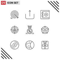 Pictogram Set of 9 Simple Outlines of medal valentine bank target crosshair Editable Vector Design Elements