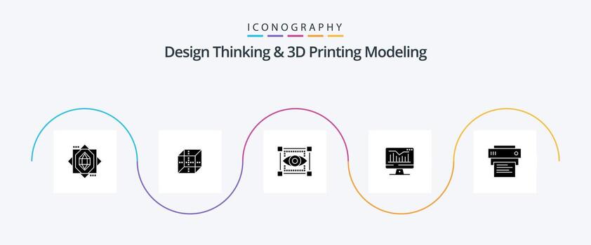 Design Thinking And D Printing Modeling Glyph 5 Icon Pack Including print. monitor. visual. graph. computer vector