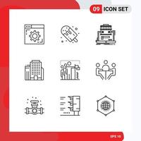 Editable Vector Line Pack of 9 Simple Outlines of flag building sweets office data Editable Vector Design Elements