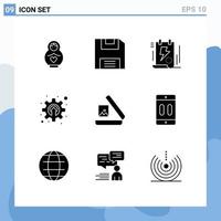 Set of 9 Commercial Solid Glyphs pack for gallery mechanism energy gear cogwheel Editable Vector Design Elements