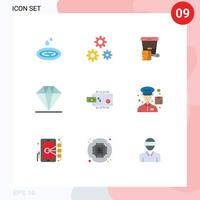 9 User Interface Flat Color Pack of modern Signs and Symbols of marketing finance paint present diamond Editable Vector Design Elements