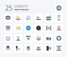 paquete de iconos de 25 colores planos de producción de video que incluye . software de edición de audio. edición de audio televisión retro vector