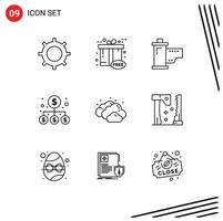 Mobile Interface Outline Set of 9 Pictograms of cloud investment cinema business movie Editable Vector Design Elements