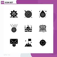 Set of 9 Vector Solid Glyphs on Grid for mosque ribbon design performance award Editable Vector Design Elements