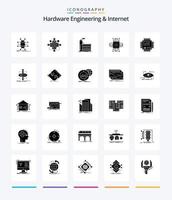 ingeniería de hardware creativa e Internet paquete de iconos negros sólidos de 25 glifos como microchip. chip. operación. producción. industria vector