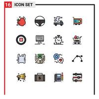 Pack of 16 Modern Flat Color Filled Lines Signs and Symbols for Web Print Media such as stop media emission computer power Editable Creative Vector Design Elements