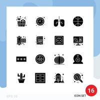 User Interface Pack of 16 Basic Solid Glyphs of book app lungs reel film Editable Vector Design Elements