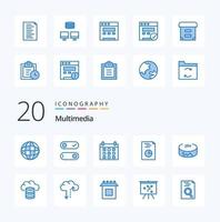 20 paquete de iconos de color azul multimedia como nube panorama de copia de seguridad de horario de nube vector