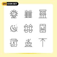 Pack of 9 Modern Outlines Signs and Symbols for Web Print Media such as weather moon field residence house Editable Vector Design Elements