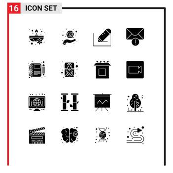16 Solid Glyph concept for Websites Mobile and Apps note diary pencil message alert Editable Vector Design Elements