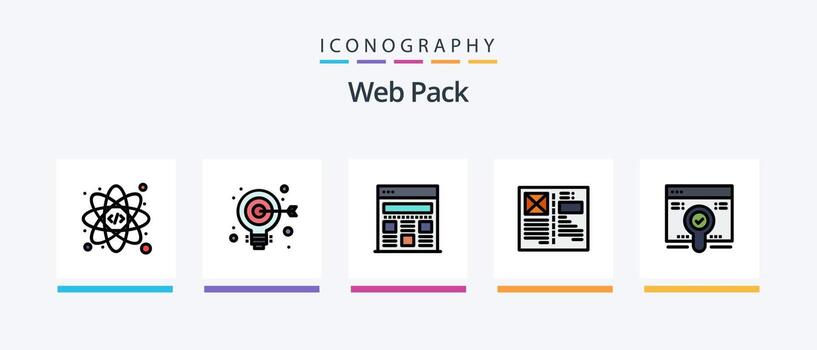 la línea del paquete web llenó el paquete de 5 iconos, incluido el mantenimiento web. configuración web. página de error de error. avance web. hora. diseño de iconos creativos vector