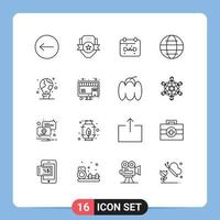 paquete de 16 signos y símbolos de contornos modernos para medios de impresión web, como elementos de diseño de vectores editables del globo de seguridad del calendario mundial verde