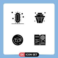 Pack of 4 creative Solid Glyphs of biology cap science cup graduation Editable Vector Design Elements