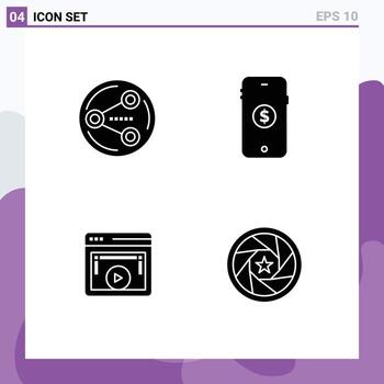 Mobile Interface Solid Glyph Set of 4 Pictograms of share display media shopping video Editable Vector Design Elements