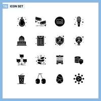 Pack of 16 creative Solid Glyphs of building news technology microphone ui Editable Vector Design Elements