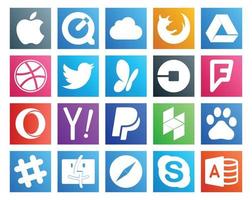 Paquete de 20 íconos de redes sociales que incluye el controlador de ópera de tweets de paypal yahoo