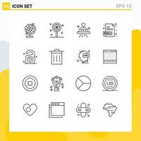 User Interface Pack of 16 Basic Outlines of trash wedding ufo heart tag Editable Vector Design Elements