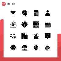 16 User Interface Solid Glyph Pack of modern Signs and Symbols of gear interface day avatar sim Editable Vector Design Elements
