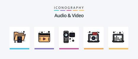 La línea de audio y video llenó el paquete de 5 iconos, incluido el móvil. video. video. formato. expediente. diseño de iconos creativos vector