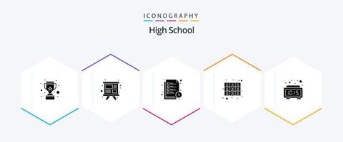 High School 25 Glyph icon pack including alarm. files. reading time. furniture. cabinet vector