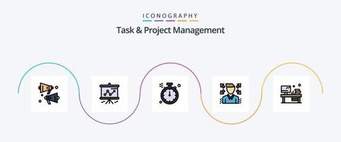 la línea de gestión de tareas y proyectos llenó el paquete de iconos planos 5 que incluye . libro. dirección. oficina. perfil vector