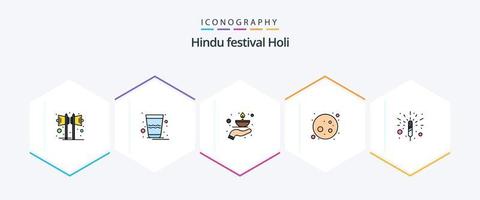 Holi 25 FilledLine icon pack including firecracker. moon. thandai. full moon. lamp vector