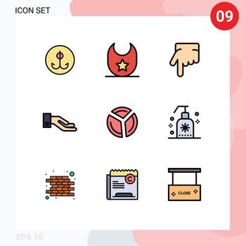 conjunto moderno de 9 colores planos y símbolos de línea de llenado, como el gráfico circular de limpieza, el gráfico del dedo índice que comparte elementos de diseño vectorial editables vector
