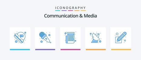 Communication And Media Blue 5 Icon Pack Including film script. science. audio. satellite dish. script. Creative Icons Design vector