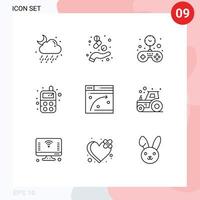 Modern Set of 9 Outlines Pictograph of web page toy medicine radio time Editable Vector Design Elements