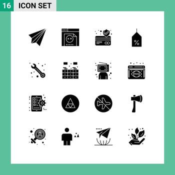 16 glifos sólidos universales establecidos para aplicaciones web y móviles compatibles con elementos de diseño vectorial editables de etiquetas logísticas de tarjetas de cajero automático del cliente vector