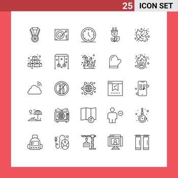25 Universal Lines Set for Web and Mobile Applications leaf power media plug biomass Editable Vector Design Elements