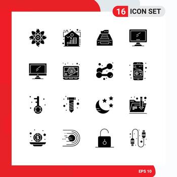 Group of 16 Modern Solid Glyphs Set for imac monitor accounting computer inbox Editable Vector Design Elements