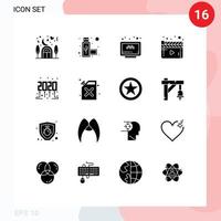 Modern Set of 16 Solid Glyphs and symbols such as new year video search player cinema Editable Vector Design Elements