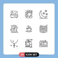 Group of 9 Outlines Signs and Symbols for tea record shop document nature Editable Vector Design Elements