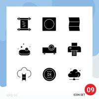 Mobile Interface Solid Glyph Set of 9 Pictograms of printing projector map presentation supermarket Editable Vector Design Elements