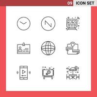 Mobile Interface Outline Set of 9 Pictograms of web badge public identity id Editable Vector Design Elements