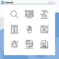 Mobile Interface Outline Set of 9 Pictograms of plant success lab money diploma Editable Vector Design Elements