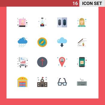 16 User Interface Flat Color Pack of modern Signs and Symbols of wind rain pills cloud female web developer Editable Pack of Creative Vector Design Elements