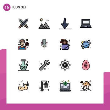 grupo de 16 líneas llenas de colores planos modernas establecidas para dispositivos de hardware de flecha de computadora portátil avatar elementos de diseño de vectores creativos editables