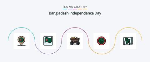 la línea del día de la independencia de bangladesh llenó el paquete de iconos planos 5 que incluye el mapa. dinero. carro. Finanzas. negocio vector