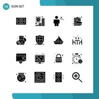 Modern Set of 16 Solid Glyphs Pictograph of folder document avatar clipboard land Editable Vector Design Elements