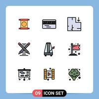 paquete de 9 modernos signos y símbolos de colores planos de línea rellena para medios de impresión web, como el plan de instrumentos musicales, elementos de diseño de vectores editables con lápiz de audio