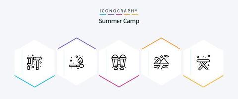 paquete de iconos de 25 líneas de campamento de verano que incluye . mesa. prismáticos. cámping. nube vector