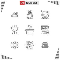 Set of 9 Vector Outlines on Grid for plant cook marriage bbq drink Editable Vector Design Elements