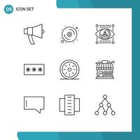 Set of 9 Modern UI Icons Symbols Signs for pin passkey hardware key printer Editable Vector Design Elements