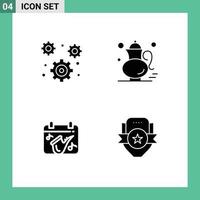 Pack of 4 creative Solid Glyphs of cog calendar setting qehwa play Editable Vector Design Elements