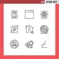 Group of 9 Modern Outlines Set for house estate server buildings disk Editable Vector Design Elements