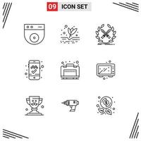 Mobile Interface Outline Set of 9 Pictograms of travel case emblem mobile app book cab Editable Vector Design Elements