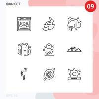Pack of 9 Modern Outlines Signs and Symbols for Web Print Media such as flora support crowd funding headphones funds Editable Vector Design Elements